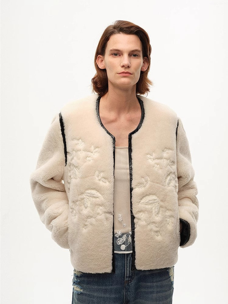 "FF×JW Muse Project" embroidered round neck short merino wool sheepskin fur coat