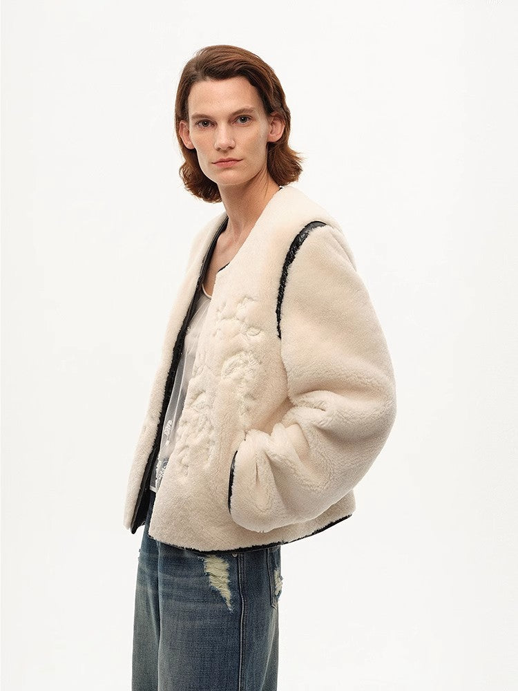 "FF×JW Muse Project" embroidered round neck short merino wool sheepskin fur coat