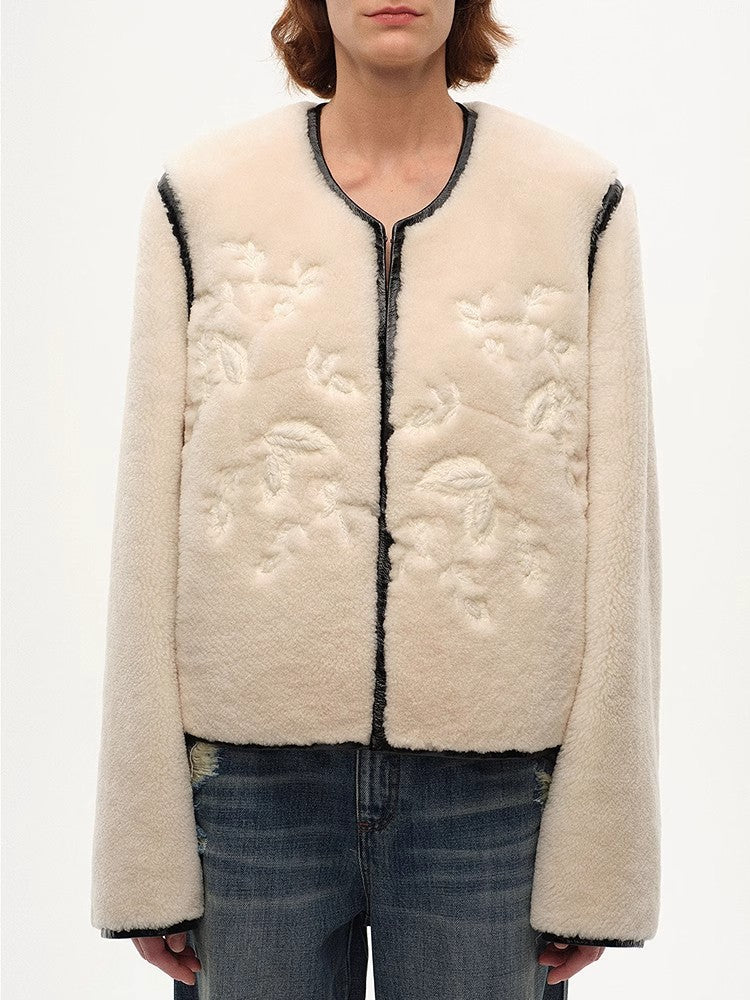 "FF×JW Muse Project" embroidered round neck short merino wool sheepskin fur coat