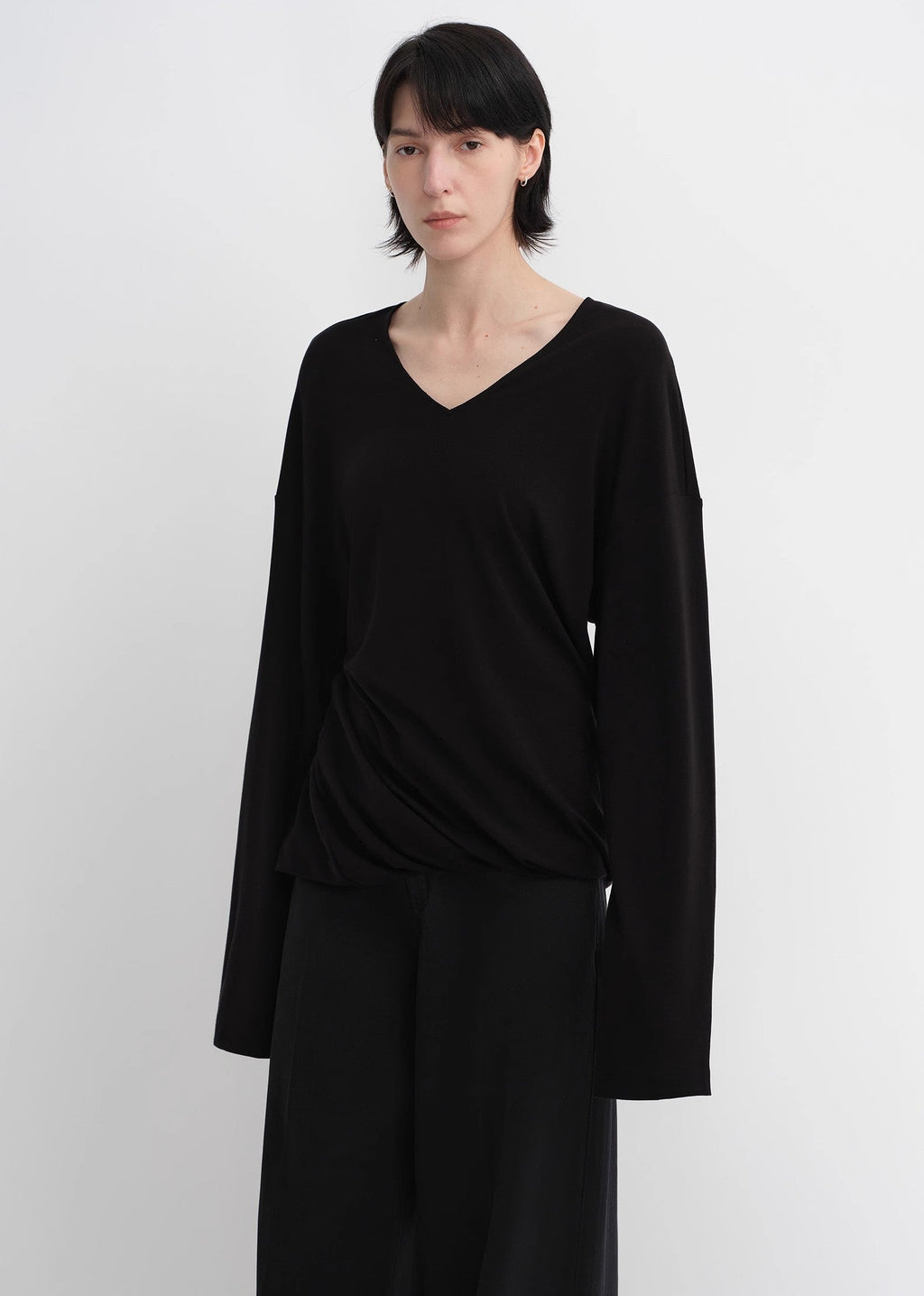 Machine washable Tencel wool V-neck two-wear elastic hem T-shirt bottoming shirt