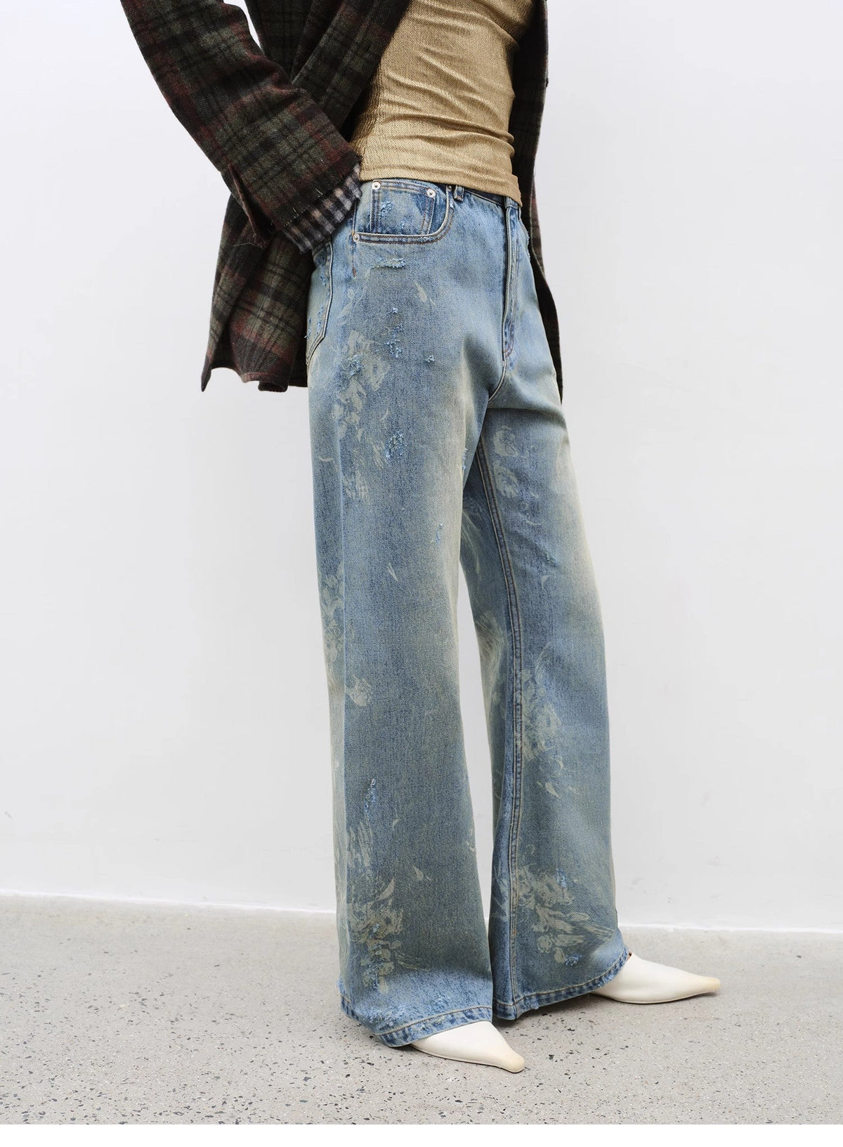 "Denim Shadow"retro washed printed layered casual slimming cotton bootcut jeans