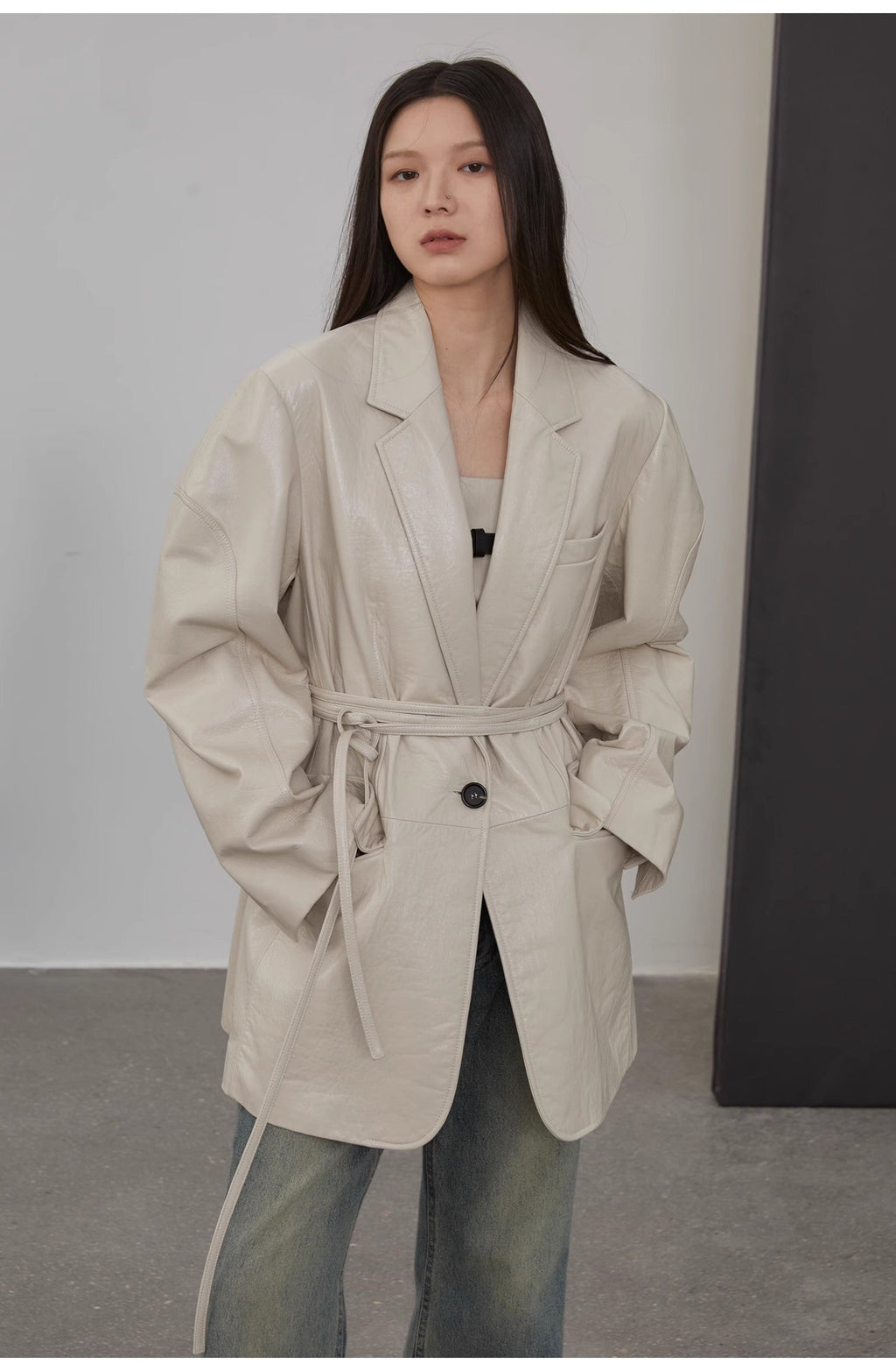 "Dark Side of the Moon"Imported wide-shoulder lightweight lace-up suit leather jacket textured genuine leather jacket
