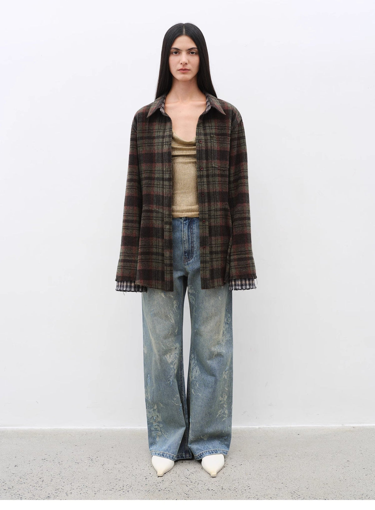 "Denim Shadow"retro washed printed layered casual slimming cotton bootcut jeans