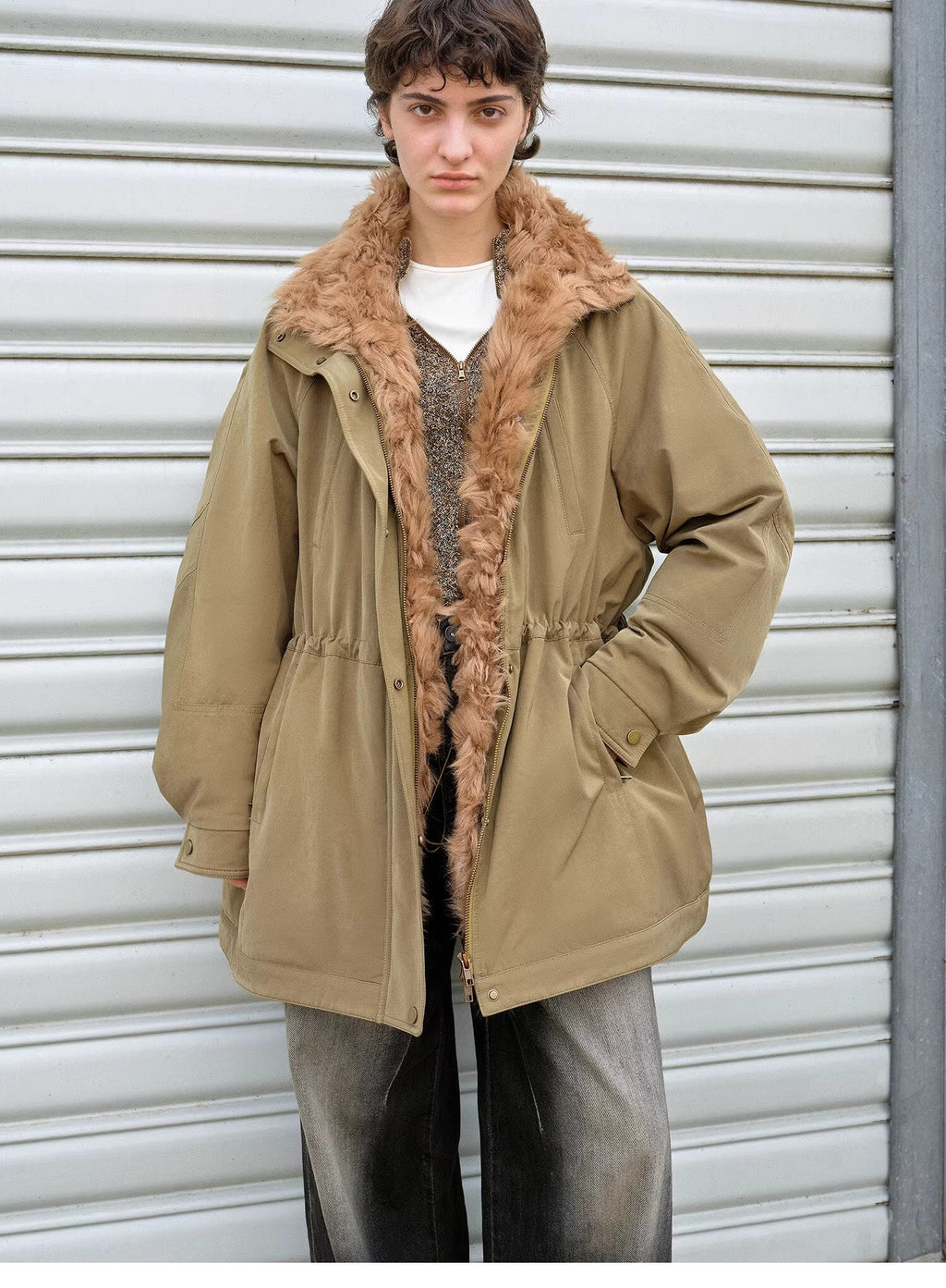 "Amber Pine Forest" fashionable Toka curly collar 90 goose down H-type drawstring mid-length parka down jacket