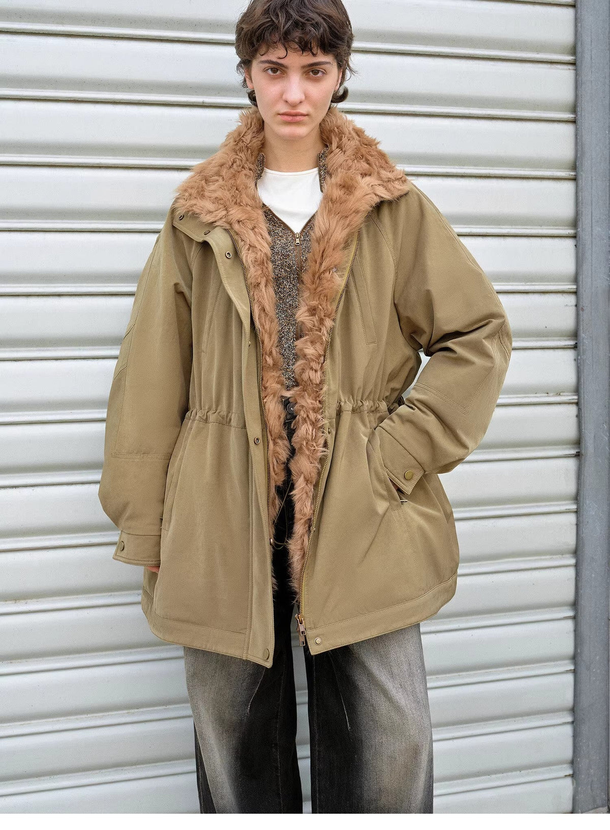 "Amber Pine Forest" fashionable Toka curly collar 90 goose down H-type drawstring mid-length parka down jacket