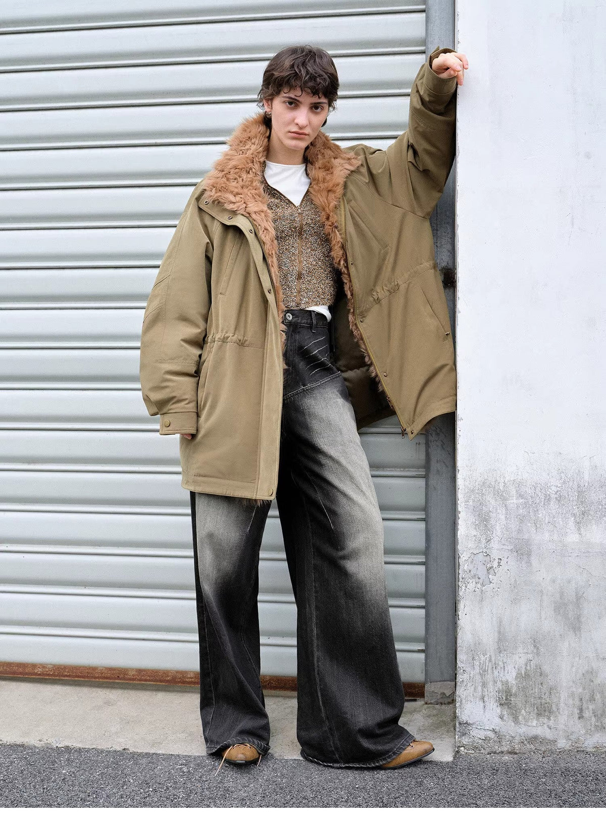 "Amber Pine Forest" fashionable Toka curly collar 90 goose down H-type drawstring mid-length parka down jacket