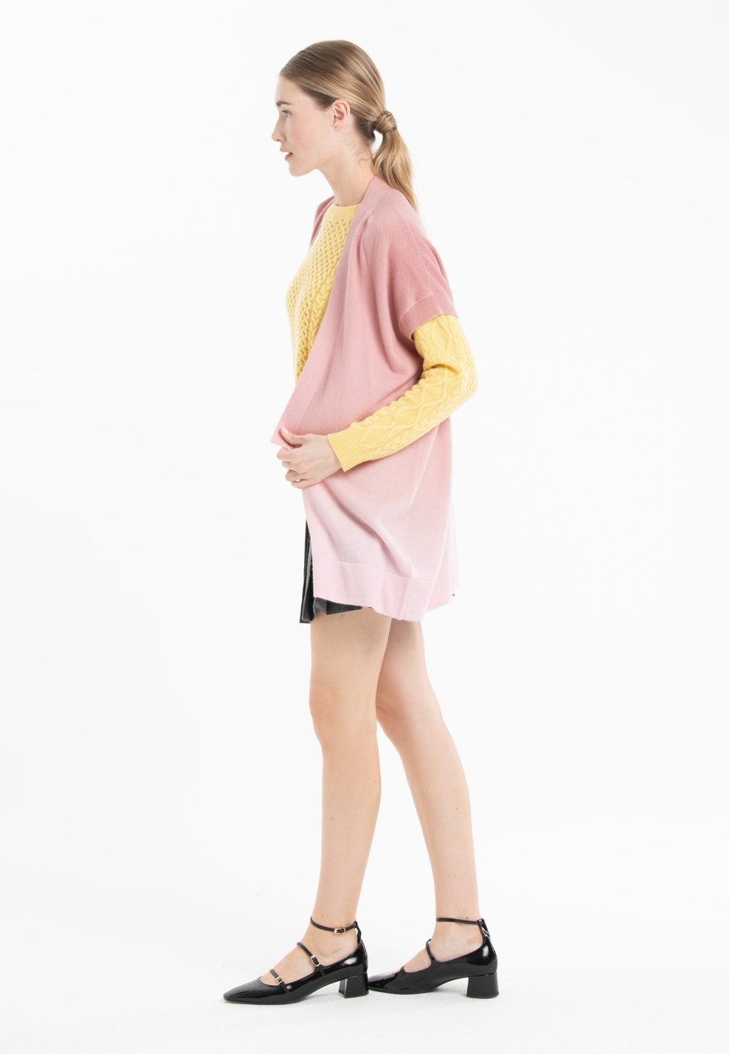 Gilet à manches courtes femme en cachemire tie & dye rose baby & rose nude - AVA 11B