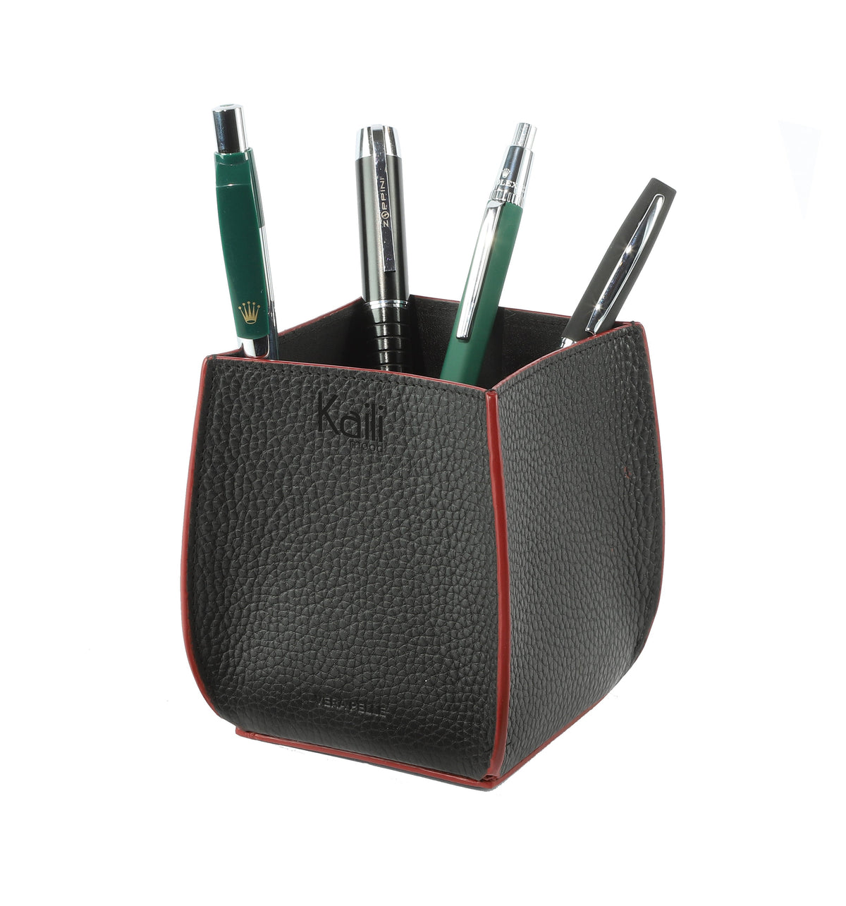 K0032AB | Genuine leather, full-grain, dollar grain desk pen holder. Black color with Red edges. Size: 8.5 x 8.5 x 12 cm. Packaging: gift box bottom/cover
