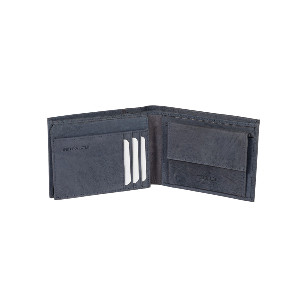 K12220DF | Men's wallet in genuine full-grain leather, Naked. Blue color. RFID protection. Size when closed: 11.5 x 8.3 x 2 cm. Packaging: gift box bottom/cover