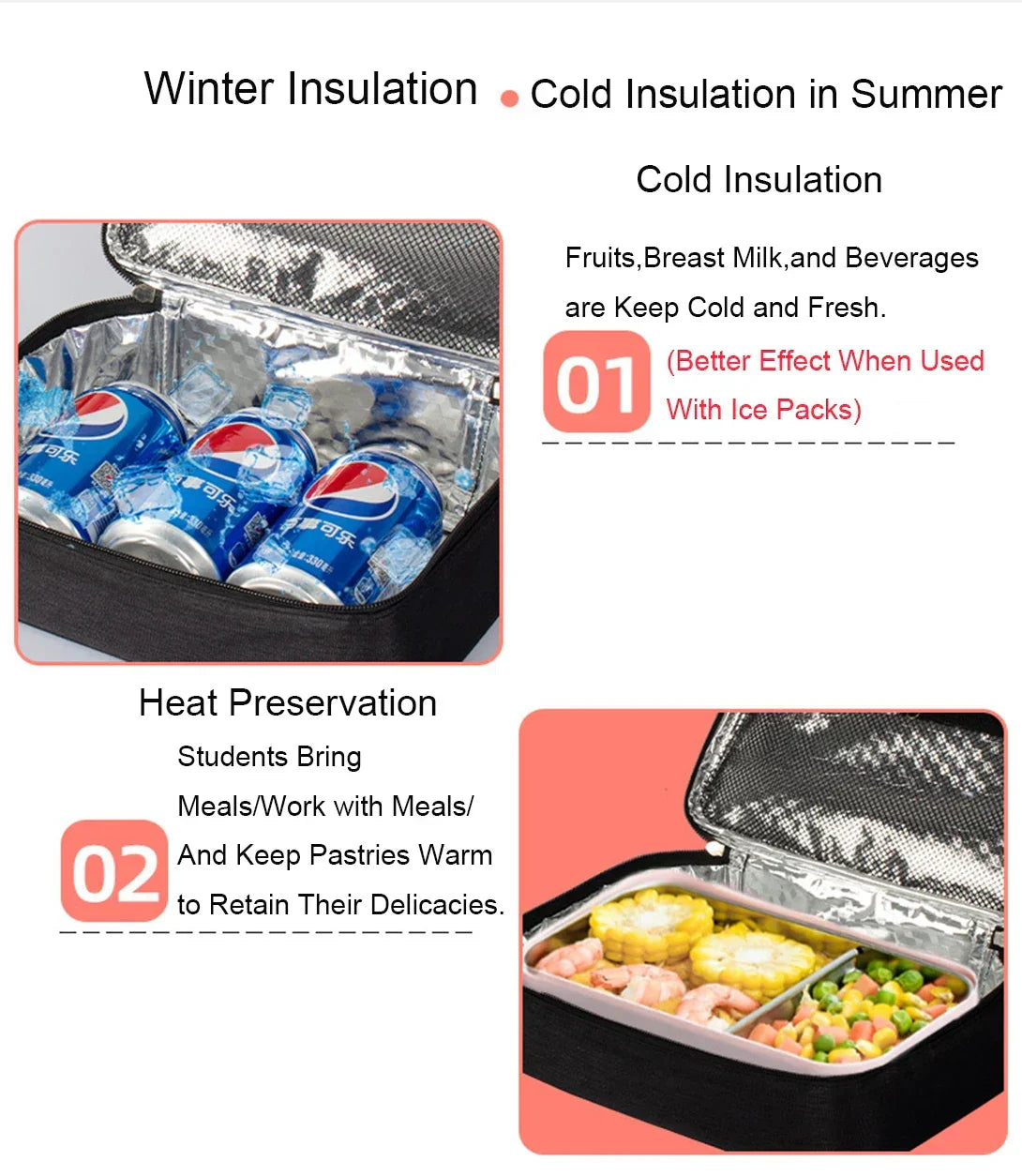 Small Insulated Lunch Box Bag For Work Picnic (Black)-3