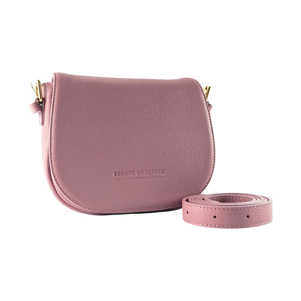 RB1002AZ | Borsa a Tracolla  in Vera Pelle Made in Italy con Tracolla removibile in pelle e attacchi con fibbie in metallo Oro Lucido - Colore Rosa Antico - Dimensioni: cm 26 x 20 x 10-0
