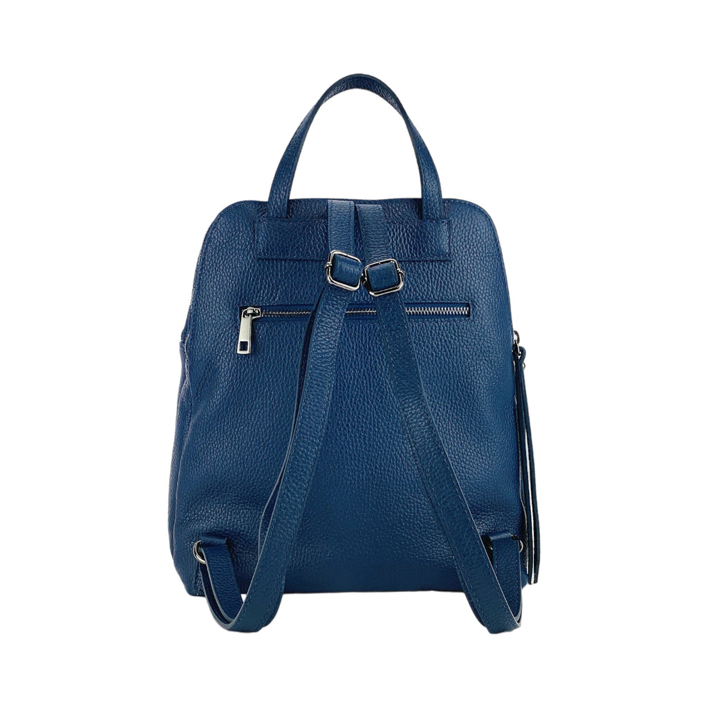 Sac à dos femme double compartiment en cuir véritable Made in Italy RB1018D – bleu, 26 x 30 x 14,5 cm