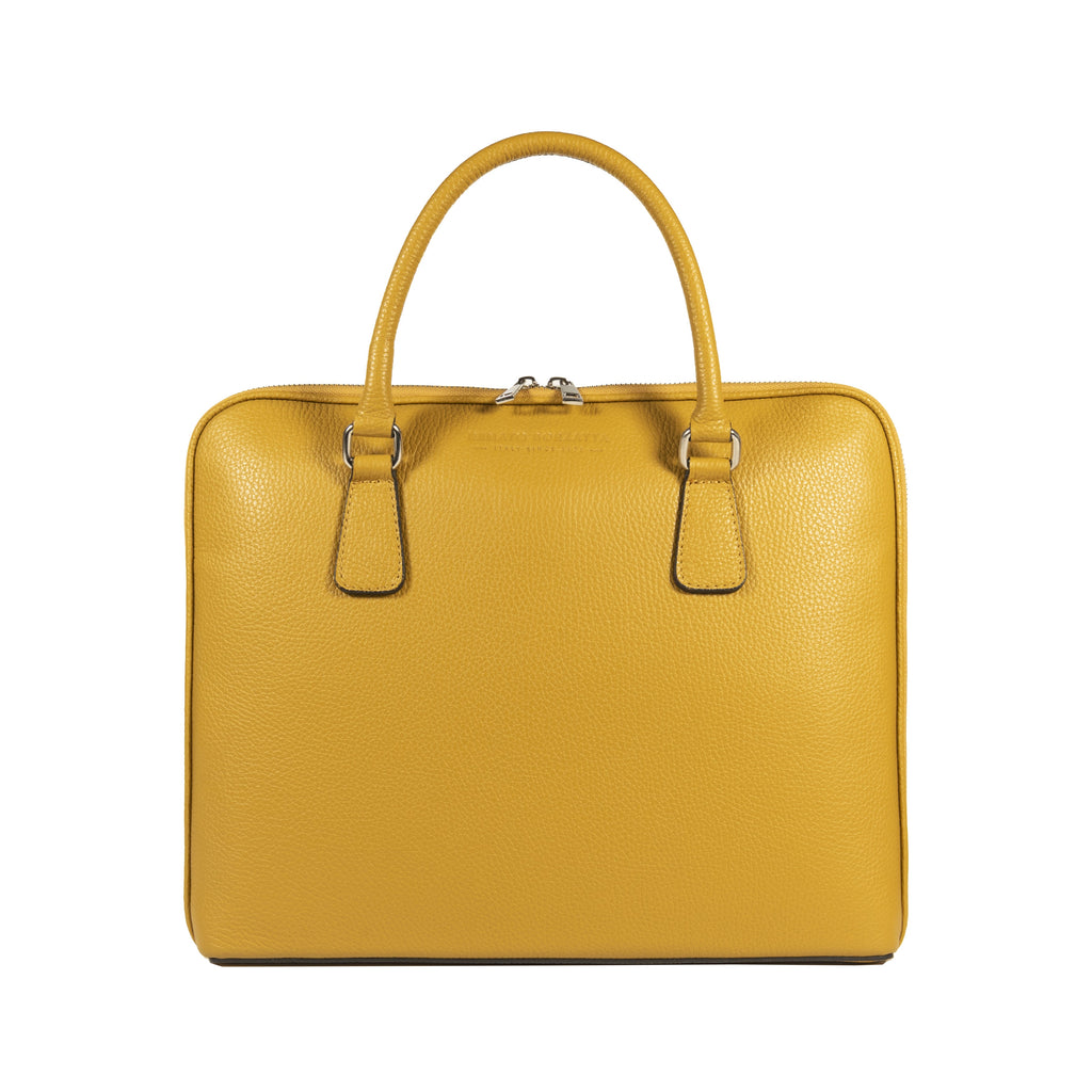 RB1019AR | Made in Italy Genuine Leather Unisex Business Briefcase with removable shoulder strap. Shiny Nickel metal snap hook attachments - Mustard color - Dimensions: cm 37 x 29 x 6.5