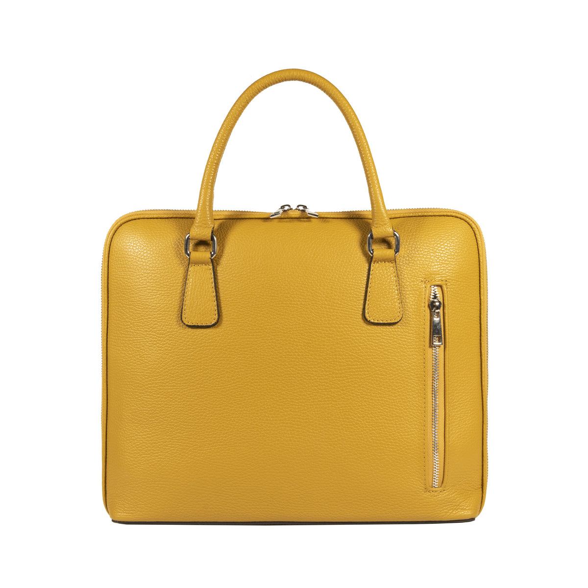 RB1019AR | Made in Italy Genuine Leather Unisex Business Briefcase with removable shoulder strap. Shiny Nickel metal snap hook attachments - Mustard color - Dimensions: cm 37 x 29 x 6.5