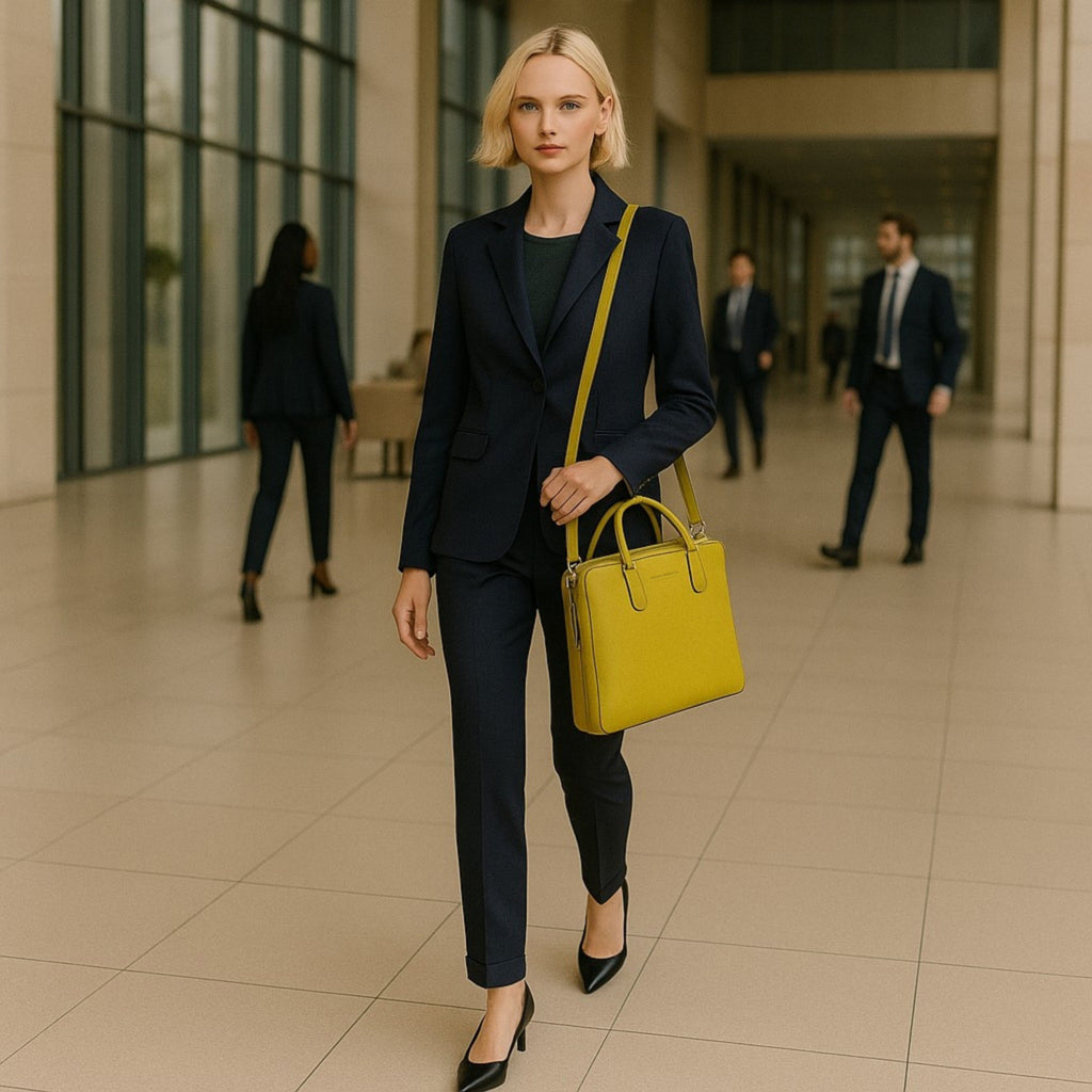 RB1019AR | Made in Italy Genuine Leather Unisex Business Briefcase with removable shoulder strap. Shiny Nickel metal snap hook attachments - Mustard color - Dimensions: cm 37 x 29 x 6.5