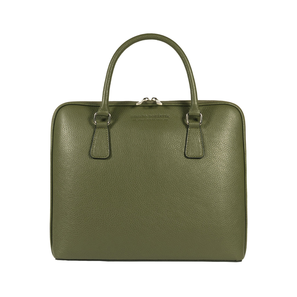 RB1019E | Made in Italy Genuine Leather Unisex Business Briefcase with removable shoulder strap. Polished Nickel metal snap hook attachments - Green color - Dimensions: cm 37 x 29 x 6.5