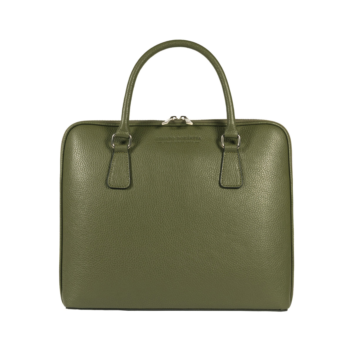 RB1019E | Made in Italy Genuine Leather Unisex Business Briefcase with removable shoulder strap. Polished Nickel metal snap hook attachments - Green color - Dimensions: cm 37 x 29 x 6.5