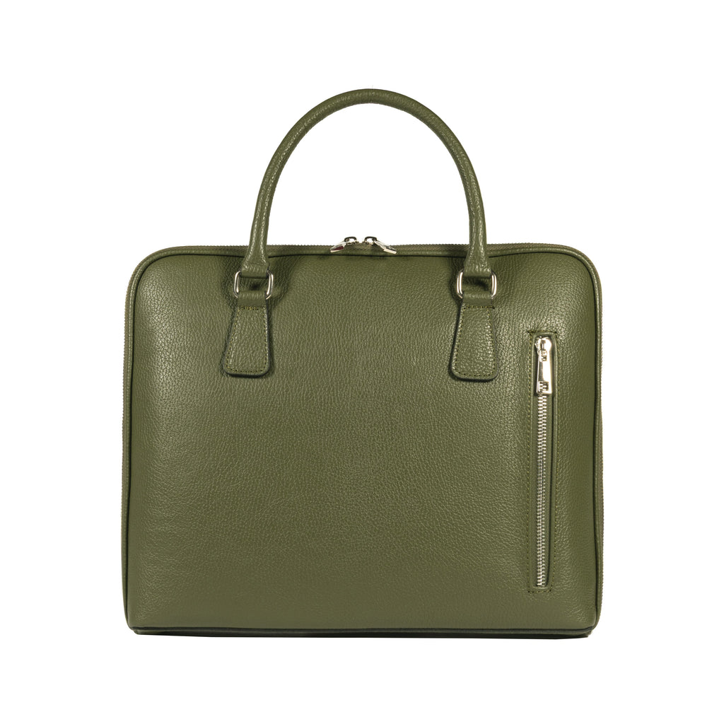 RB1019E | Made in Italy Genuine Leather Unisex Business Briefcase with removable shoulder strap. Polished Nickel metal snap hook attachments - Green color - Dimensions: cm 37 x 29 x 6.5