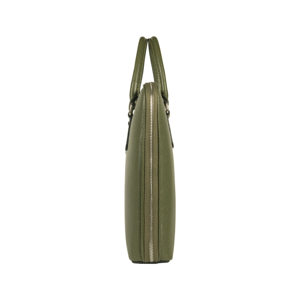 RB1019E | Made in Italy Genuine Leather Unisex Business Briefcase with removable shoulder strap. Polished Nickel metal snap hook attachments - Green color - Dimensions: cm 37 x 29 x 6.5