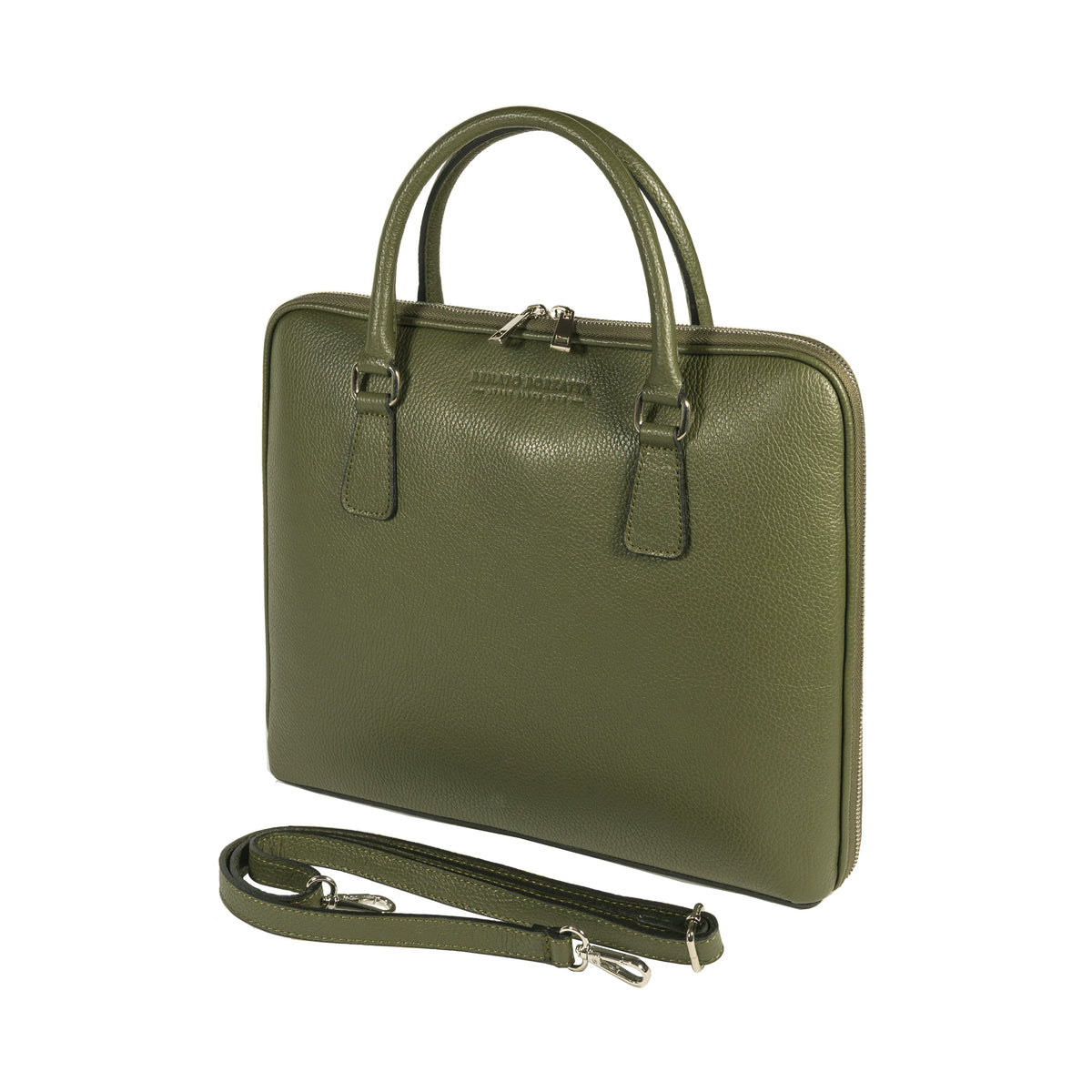 RB1019E | Made in Italy Genuine Leather Unisex Business Briefcase with removable shoulder strap. Polished Nickel metal snap hook attachments - Green color - Dimensions: cm 37 x 29 x 6.5