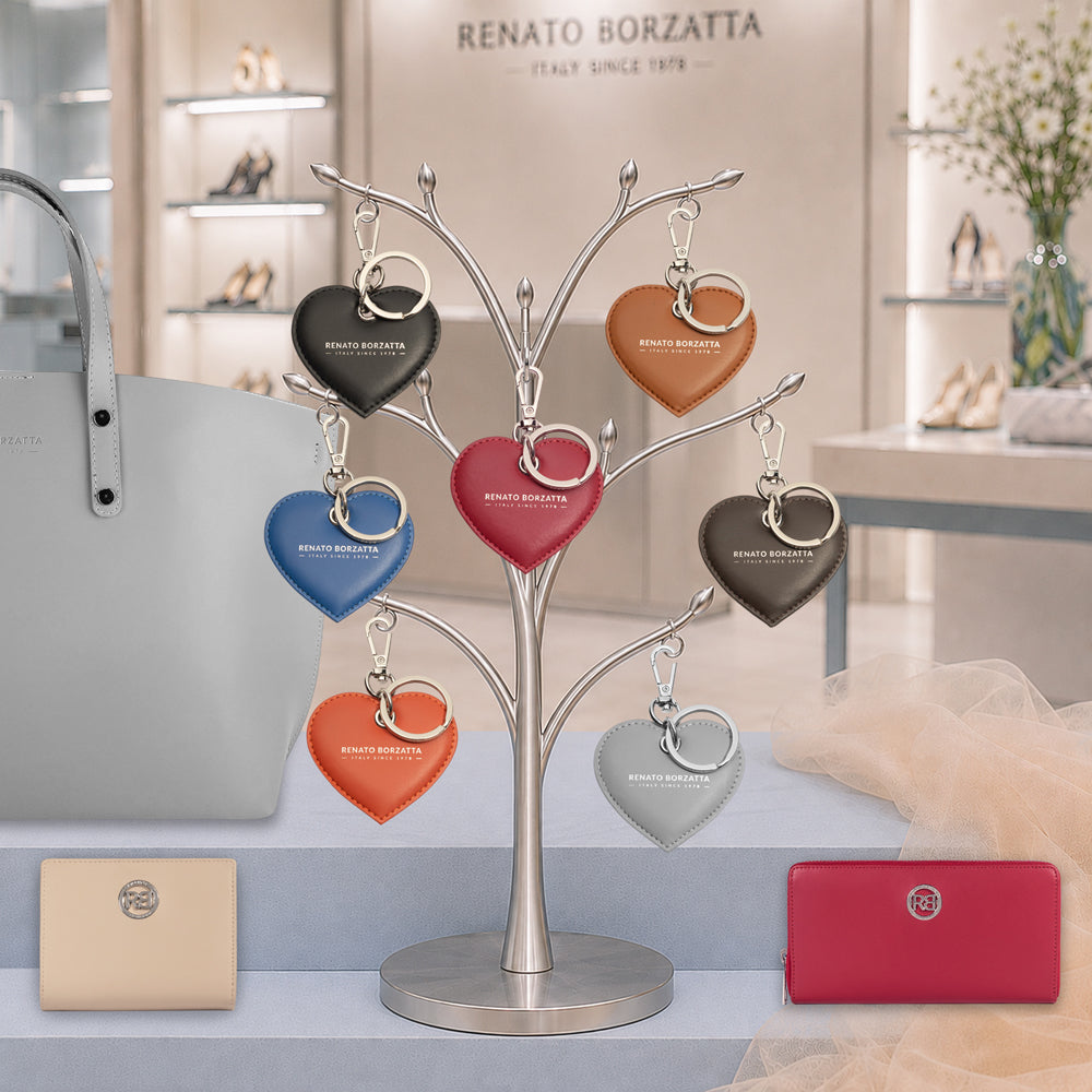 RB1082SV | Heart Charm Keychain Made in Italy in Smooth Matte Genuine Leather. Color: Red
