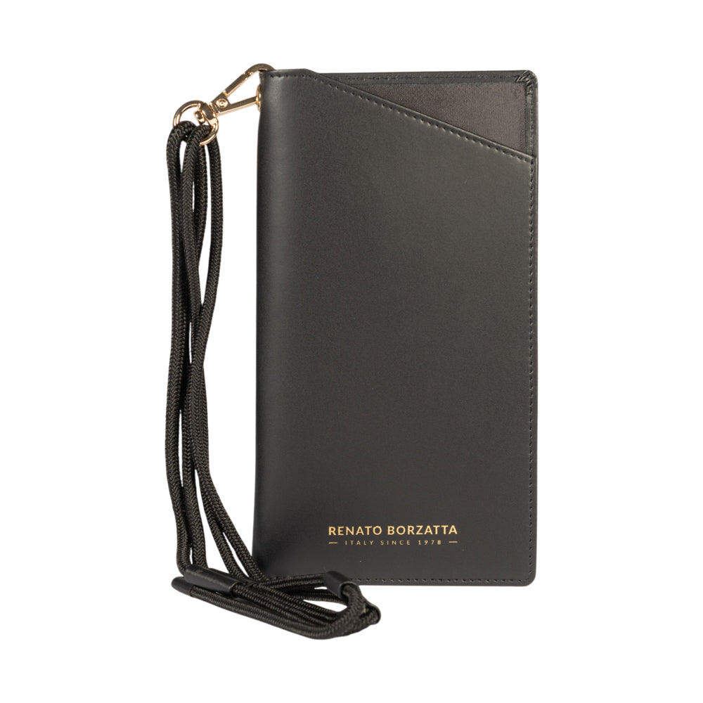 RB1087A | Glasses/Smartphone Case with Shoulder Strap Made in Italy in Genuine Smooth Matte Leather. Color: Black