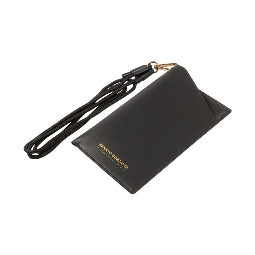 RB1087A | Glasses/Smartphone Case with Shoulder Strap Made in Italy in Genuine Smooth Matte Leather. Color: Black