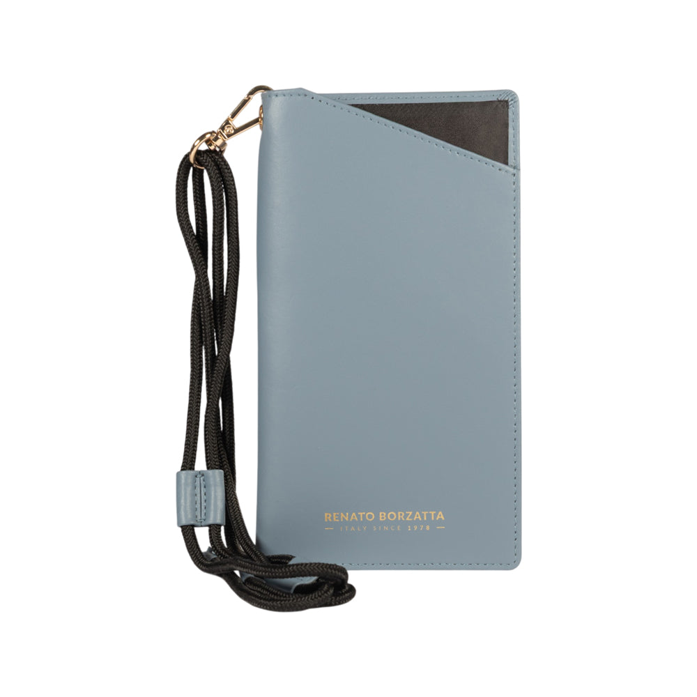 RB1087P | Glasses/Smartphone Case with Shoulder Strap Made in Italy in Genuine Smooth Matte Leather. Color: Air Force Blue