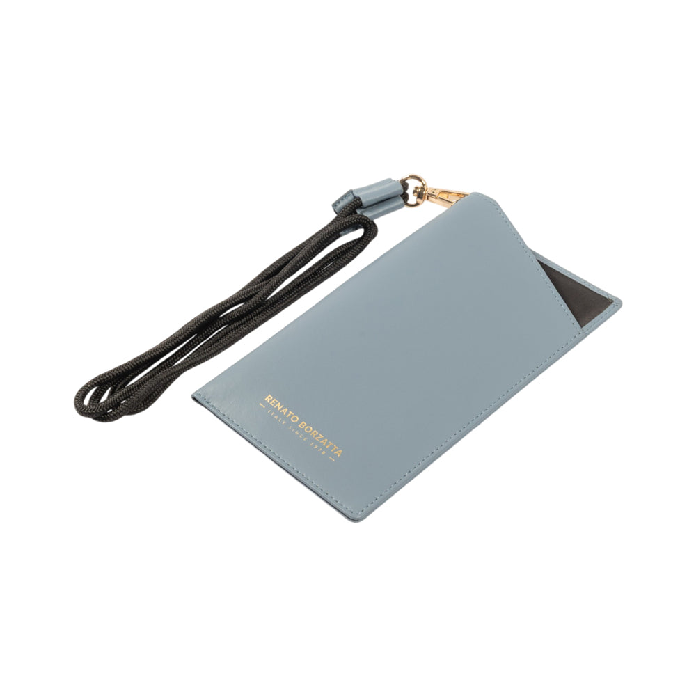 RB1087P | Glasses/Smartphone Case with Shoulder Strap Made in Italy in Genuine Smooth Matte Leather. Color: Air Force Blue