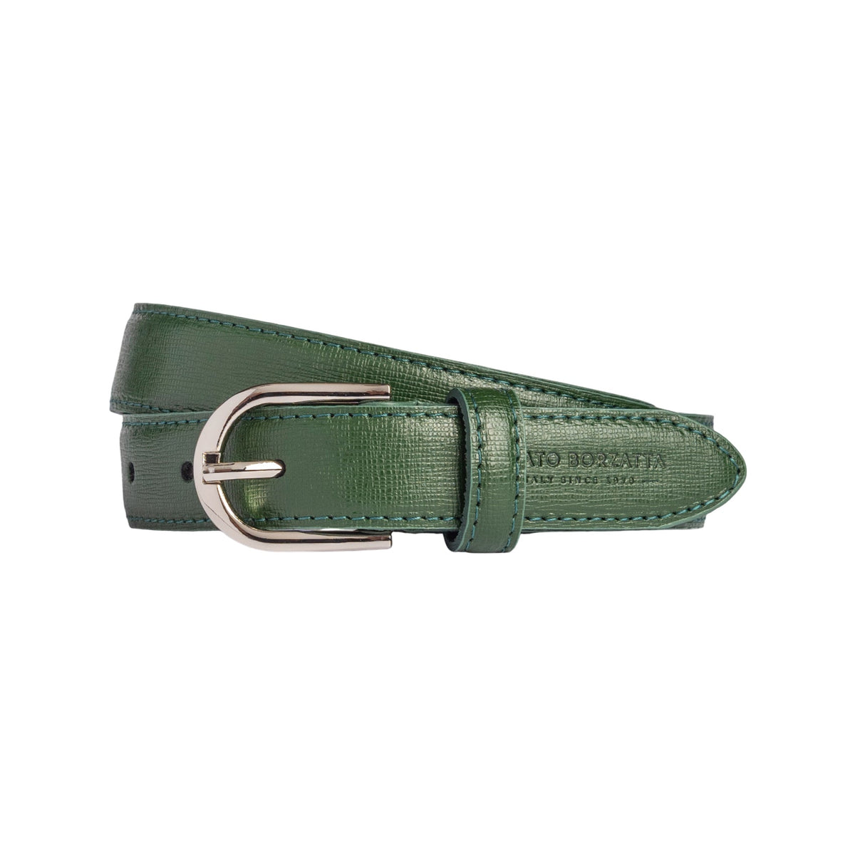 RB4016E | Women's Belt Made in Italy in Genuine Saffiano Leather. Polished Silver Buckle. Green. Dimensions: 115 x 2.5 x 0.5 cm (waistline 100 cm)