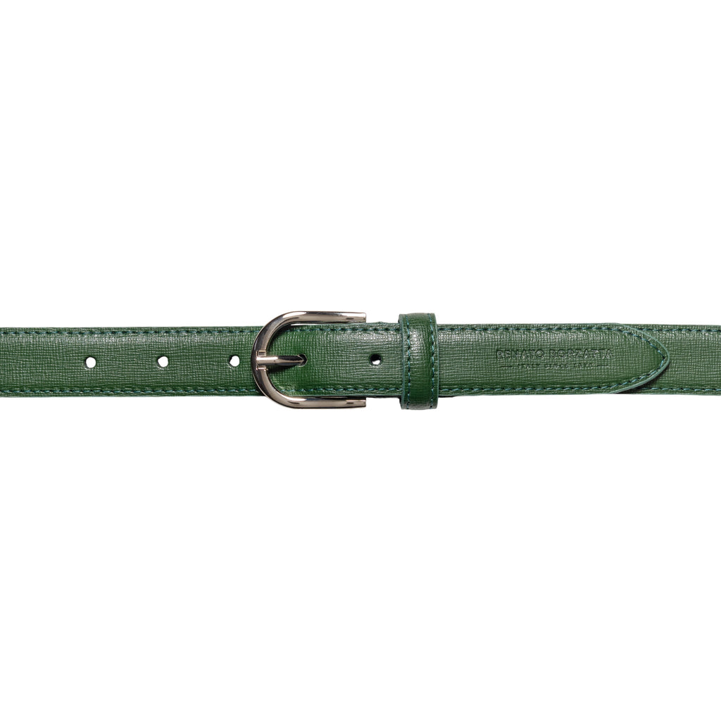 RB4016E | Women's Belt Made in Italy in Genuine Saffiano Leather. Polished Silver Buckle. Green. Dimensions: 115 x 2.5 x 0.5 cm (waistline 100 cm)