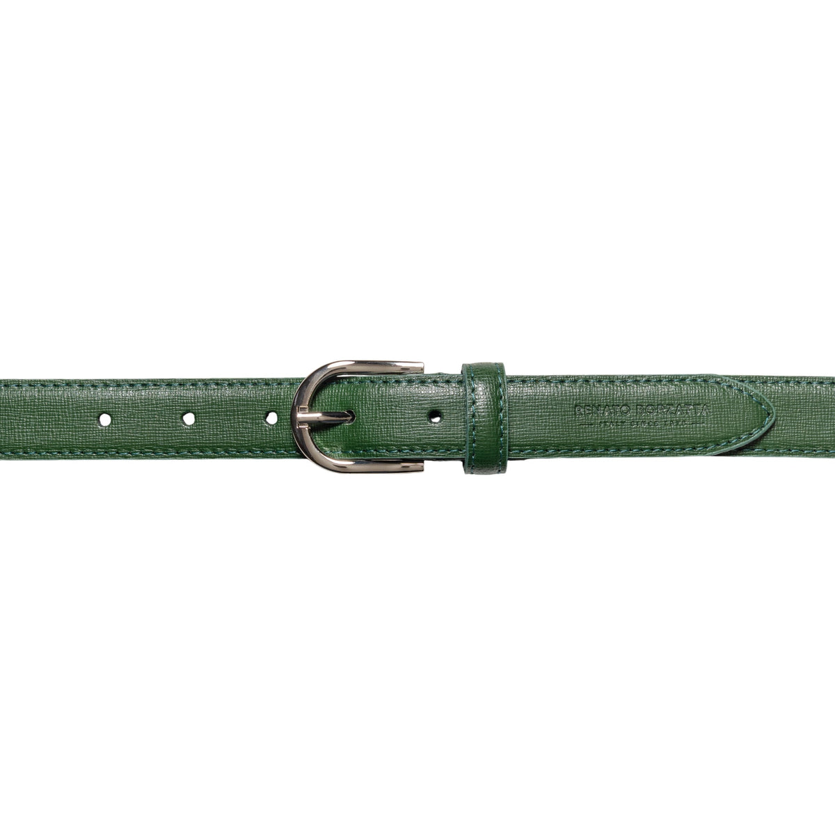 RB4016E | Women's Belt Made in Italy in Genuine Saffiano Leather. Polished Silver Buckle. Green. Dimensions: 115 x 2.5 x 0.5 cm (waistline 100 cm)