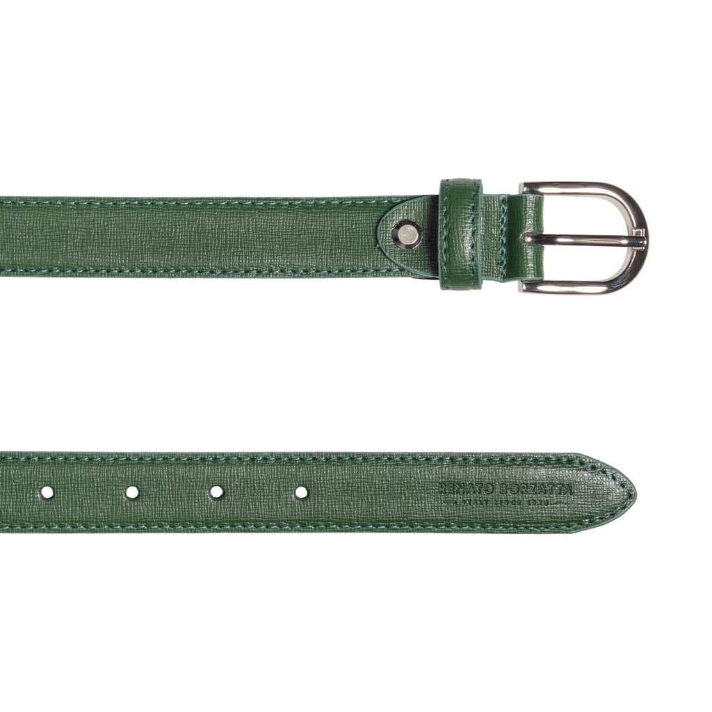RB4016E | Women's Belt Made in Italy in Genuine Saffiano Leather. Polished Silver Buckle. Green. Dimensions: 115 x 2.5 x 0.5 cm (waistline 100 cm)