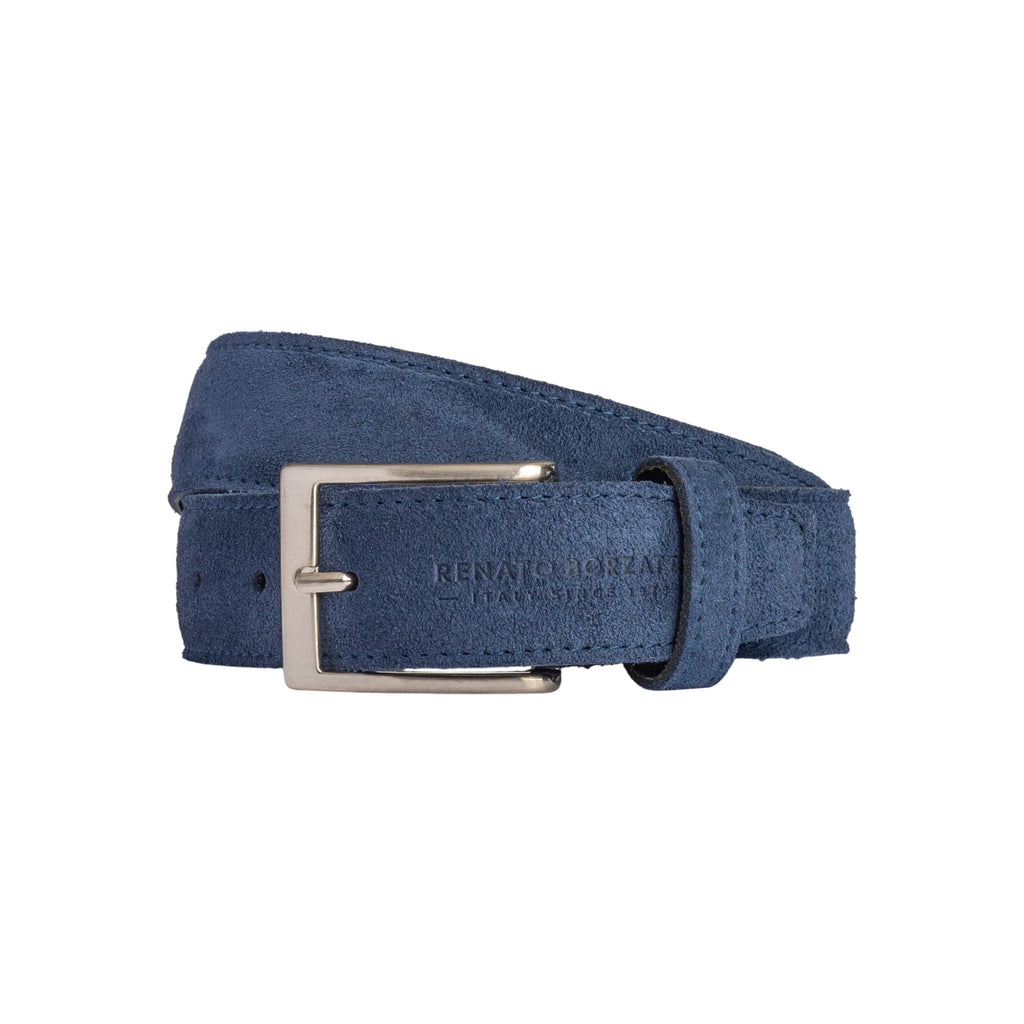 RB4029D | Men's Belt Made in Italy in Genuine Suede Leather. Satin Silver Buckle. Color: Blue. Dimensions: 125 x 3.5 x 0.5 cm (waistline 110 cm)