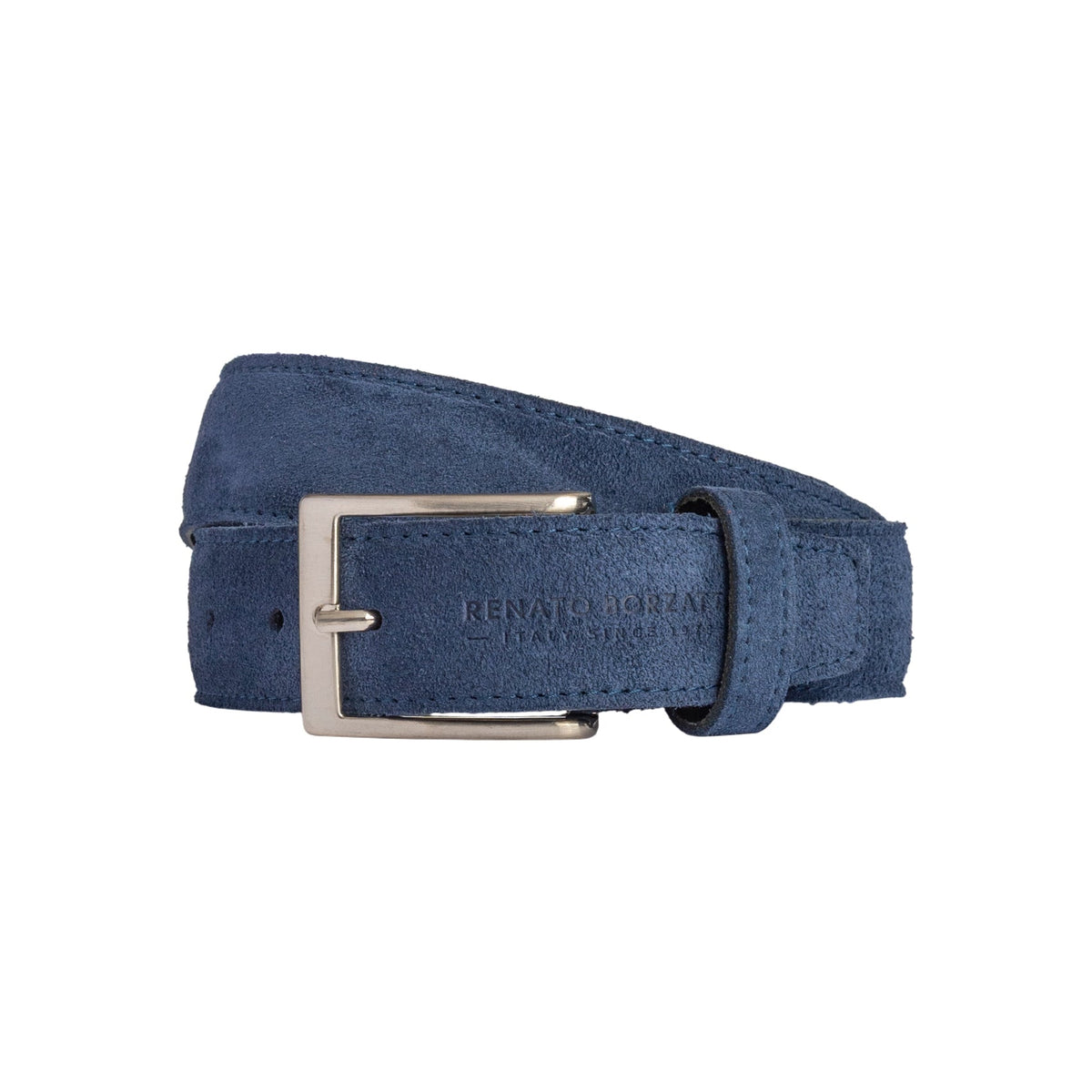 RB4029D | Men's Belt Made in Italy in Genuine Suede Leather. Satin Silver Buckle. Color: Blue. Dimensions: 125 x 3.5 x 0.5 cm (waistline 110 cm)
