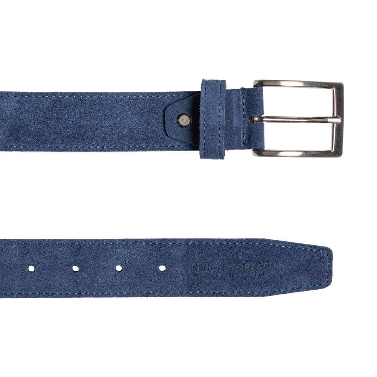 RB4029D | Men's Belt Made in Italy in Genuine Suede Leather. Satin Silver Buckle. Color: Blue. Dimensions: 125 x 3.5 x 0.5 cm (waistline 110 cm)