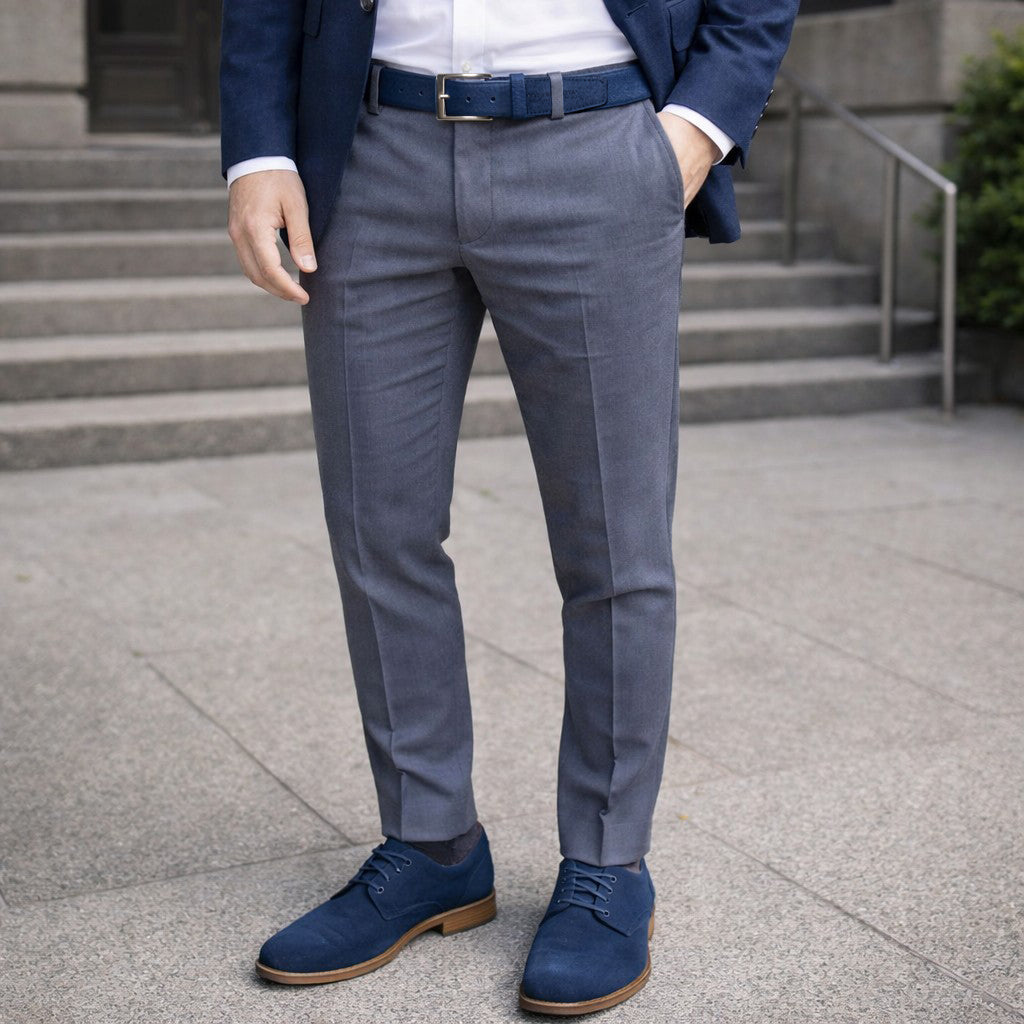 RB4029D | Men's Belt Made in Italy in Genuine Suede Leather. Satin Silver Buckle. Color: Blue. Dimensions: 125 x 3.5 x 0.5 cm (waistline 110 cm)