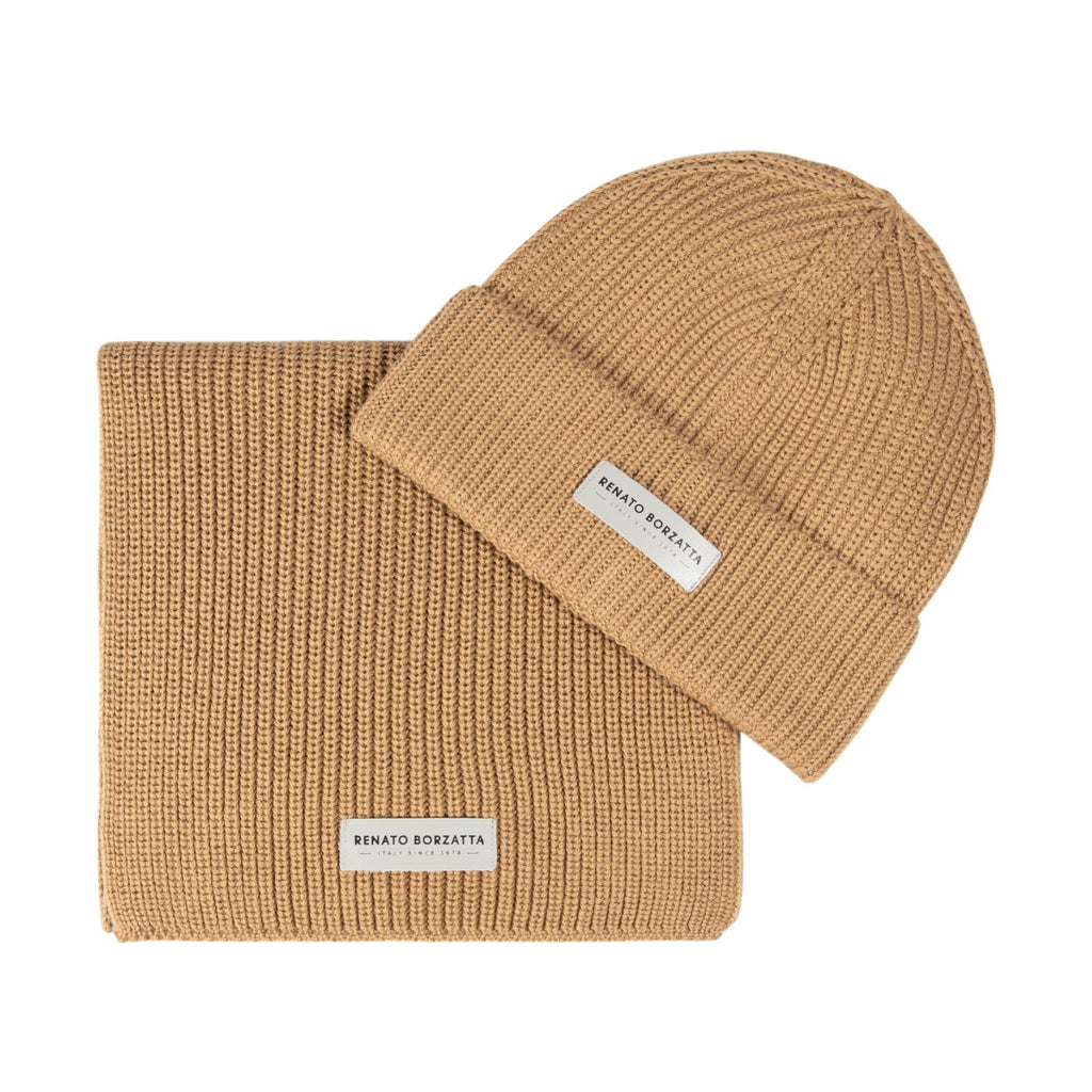 RB5004Z | CERVINO Knitted Mixed Wool Scarf and Cap Set Made in Italy. Camel Color - One Size