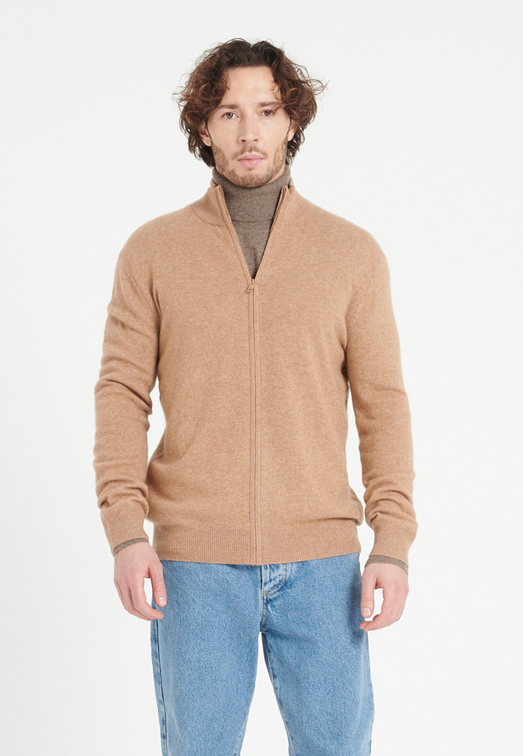 Gilet col montant zippé homme en cachemire camel - LUKE 8