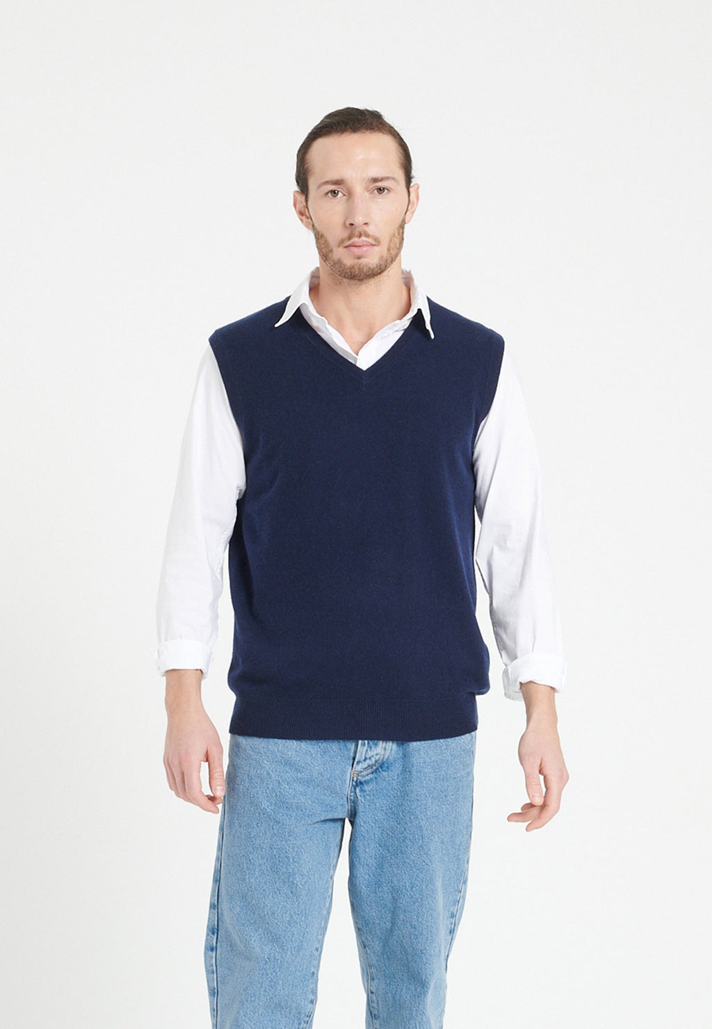 Pull col V sans manches homme en cachemire bleu marine - LUKE 9