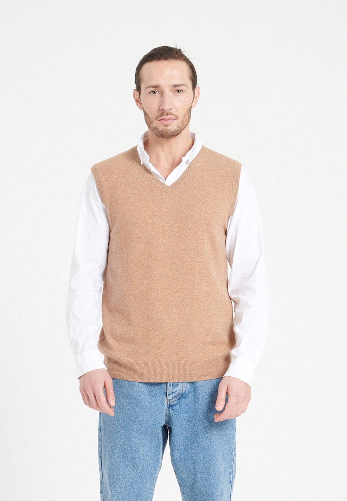 Pull col V sans manches homme en cachemire camel - LUKE 9