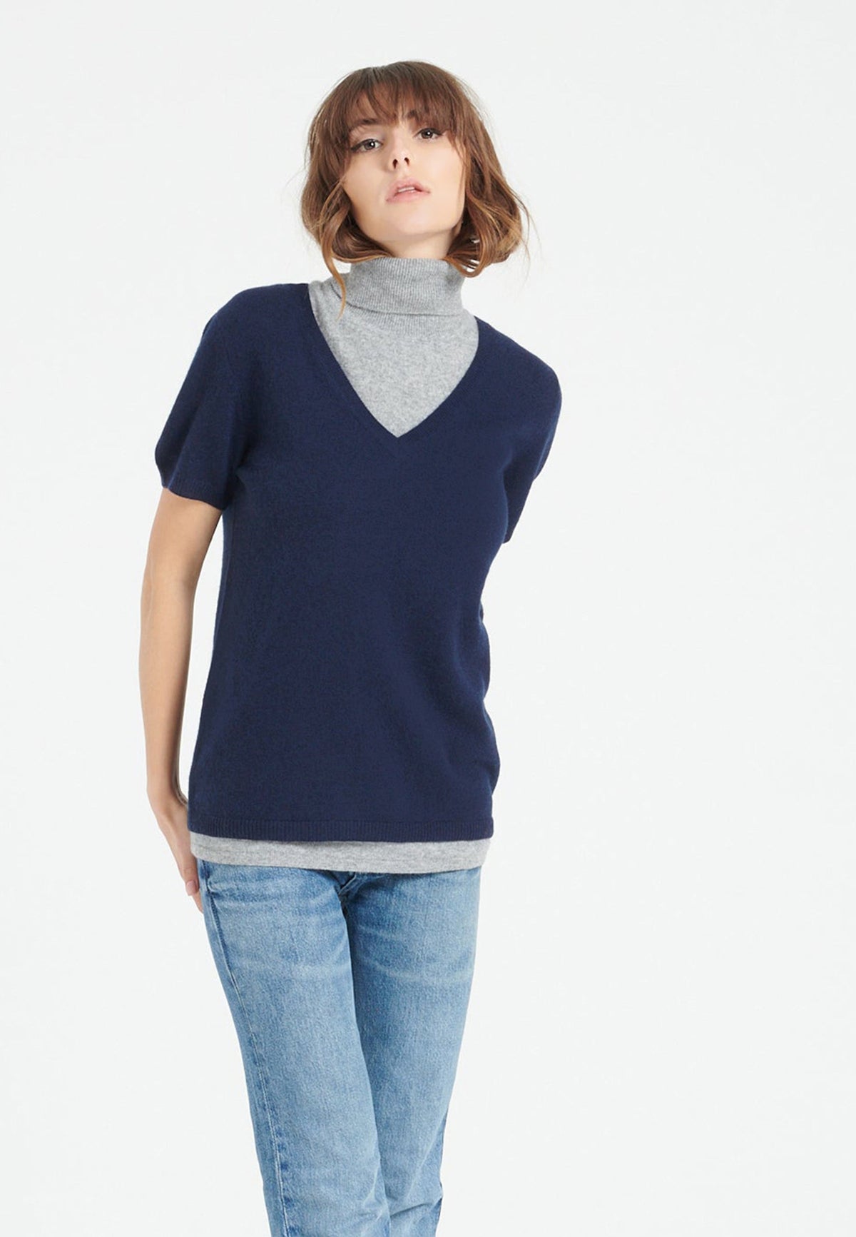 T-shirt col V femme en cachemire bleu marine - LILLY 14-0