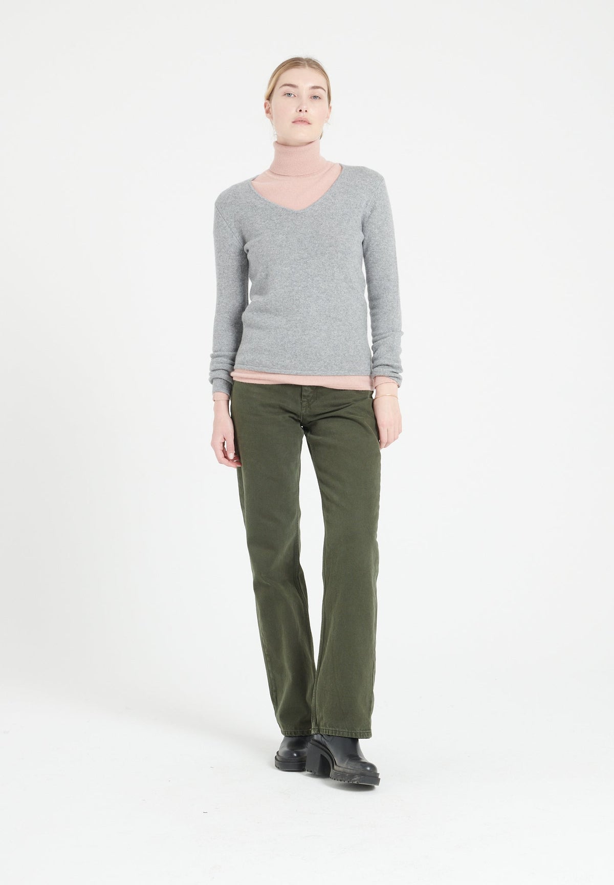 Pull col V femme en cachemire 4 fils gris clair - LILLY 20