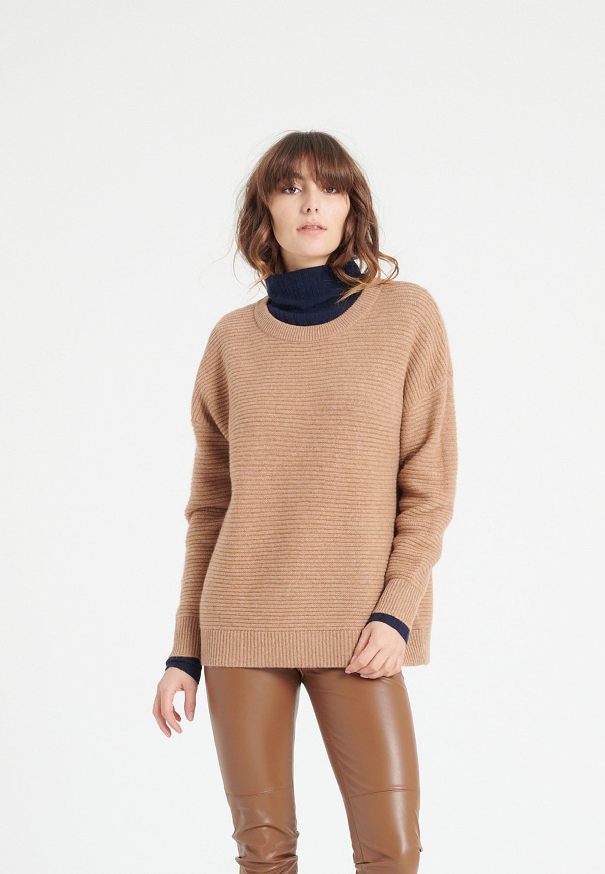 Pull col rond femme en cachemire 4 fils camel - LILLY 30