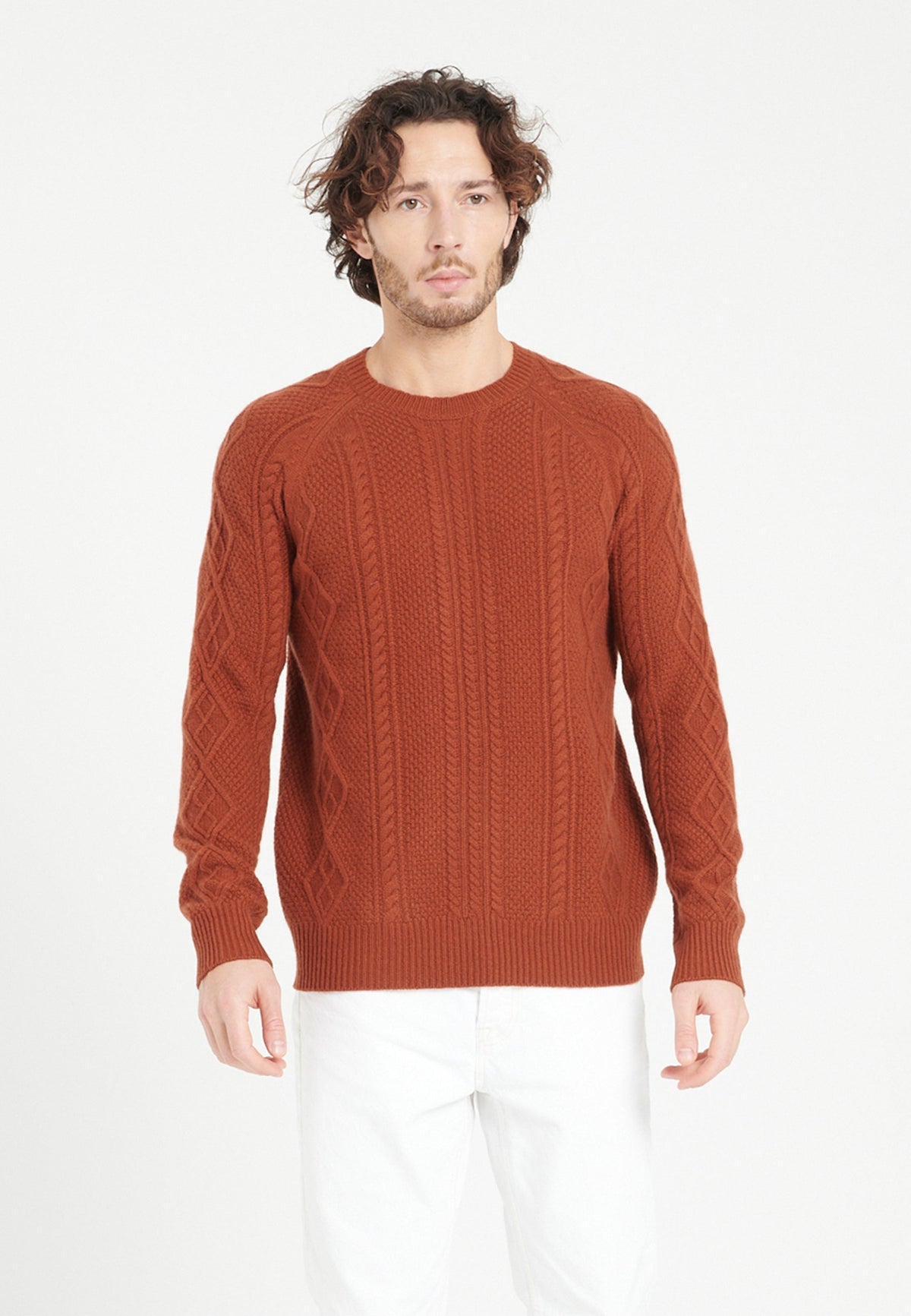 Pull col rond homme en cachemire 6 fils terracotta - ZACH 1