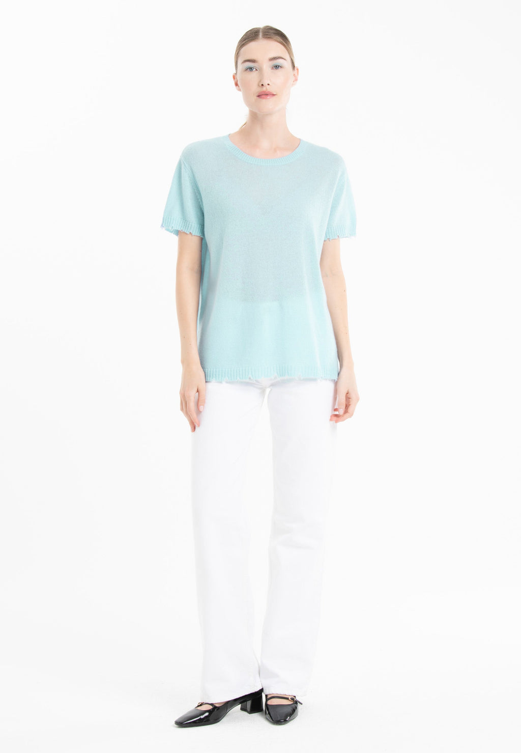 T-shirt col rond femme en cachemire déjaugé turquoise - AVA 6