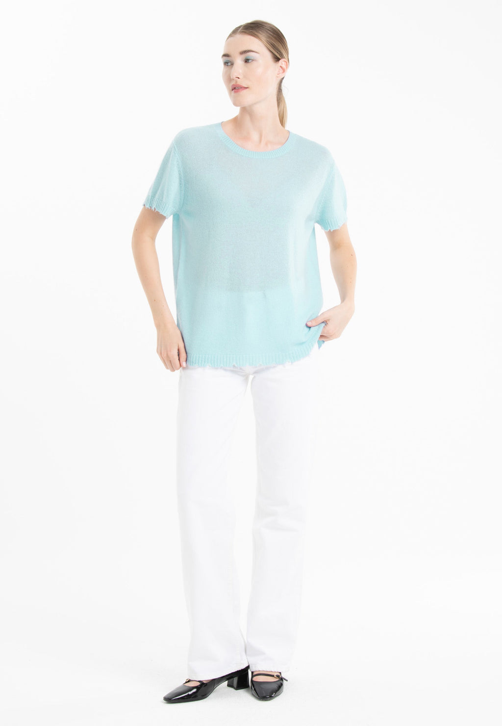 T-shirt col rond femme en cachemire déjaugé turquoise - AVA 6