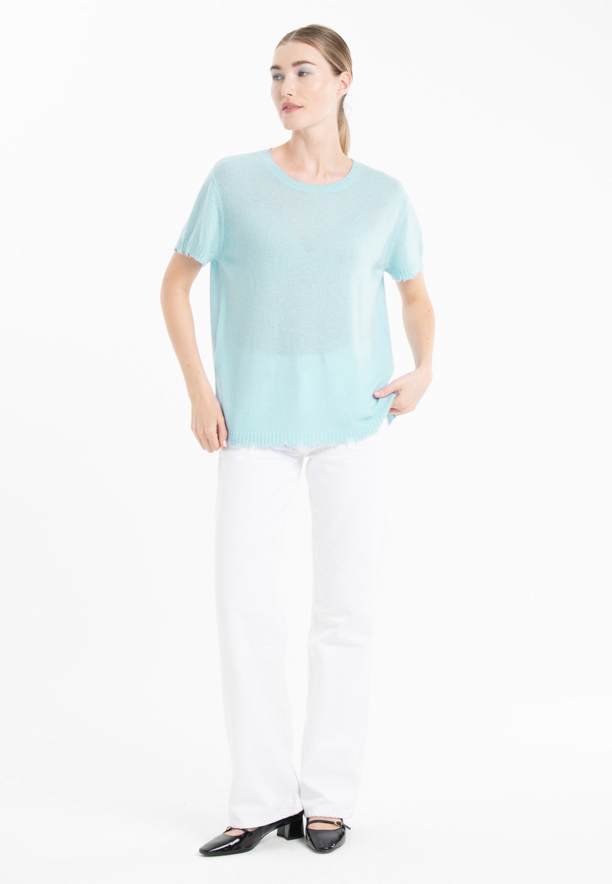 T-shirt col rond femme en cachemire déjaugé turquoise - AVA 6