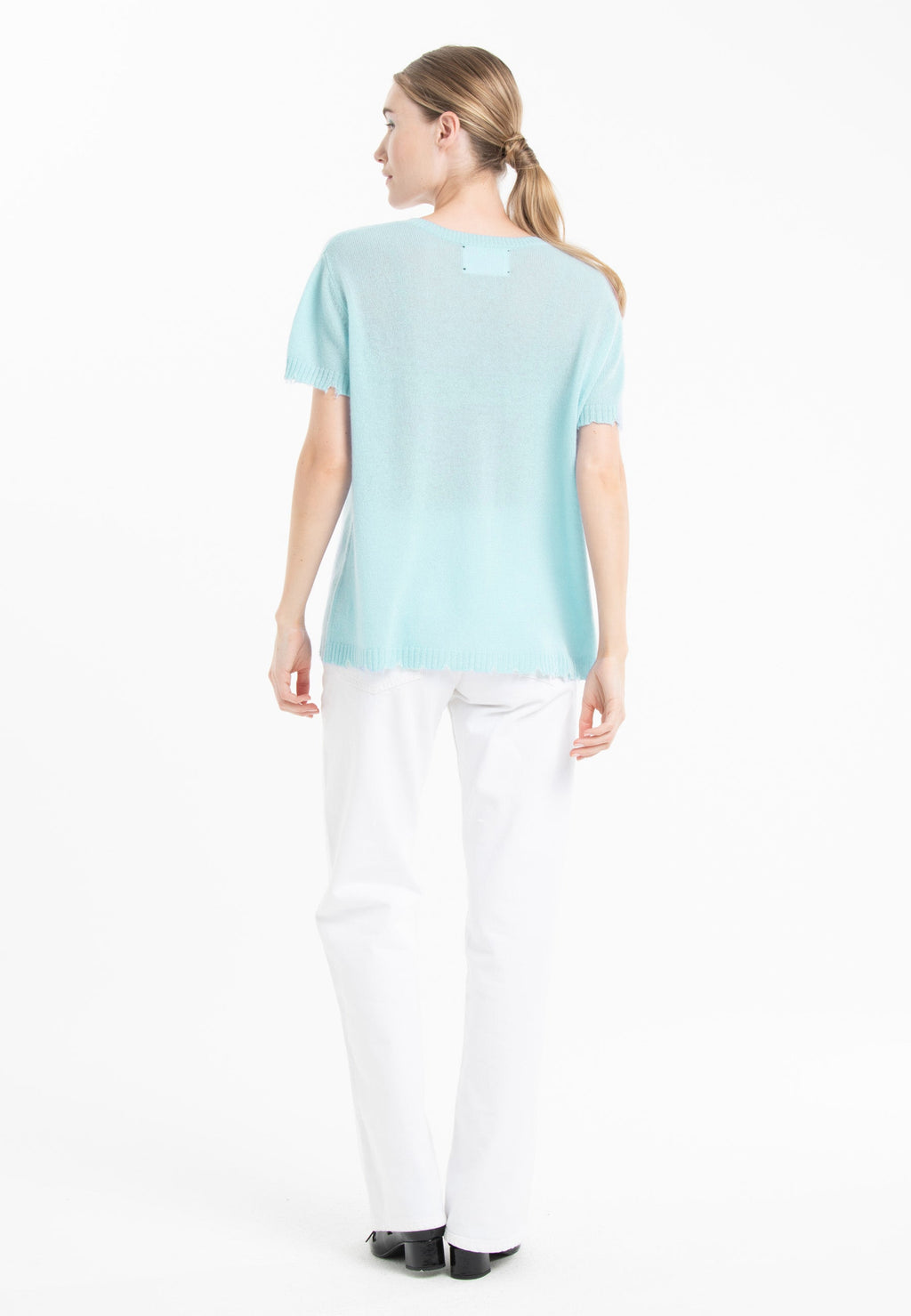 T-shirt col rond femme en cachemire déjaugé turquoise - AVA 6