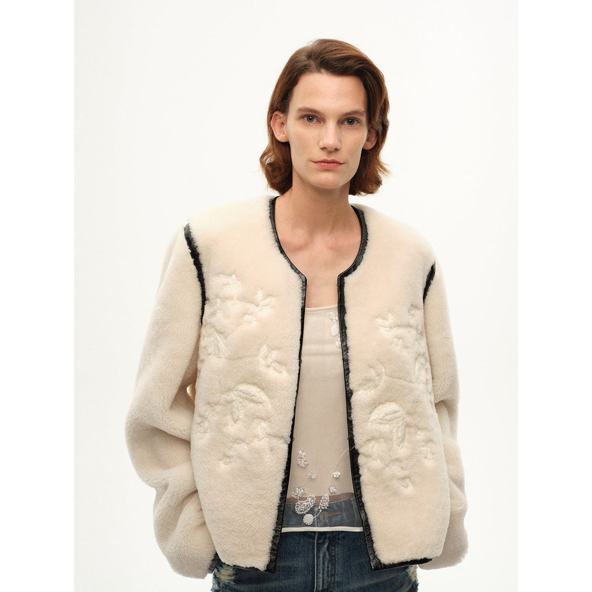 "FF×JW Muse Project" embroidered round neck short merino wool sheepskin fur coat